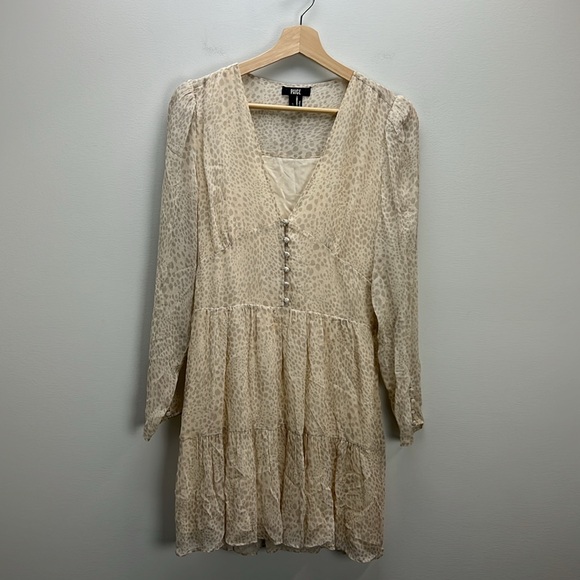 Paige Long Sleeve Silk Dress Animal Print Tan Cream Womens Small Date Night - Picture 1 of 15